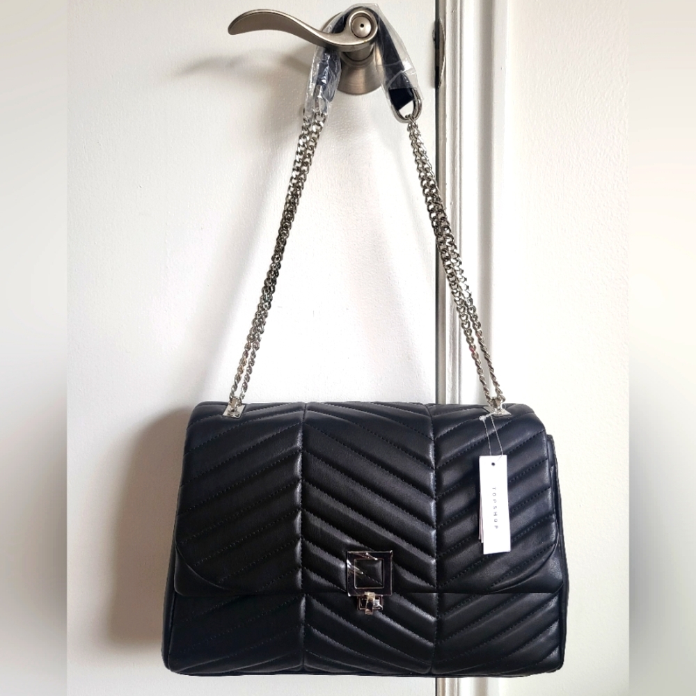 Nwt topshop quilted black faux leather flap shoulder bag